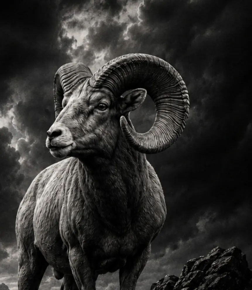 Bighorn ram against a storm sky